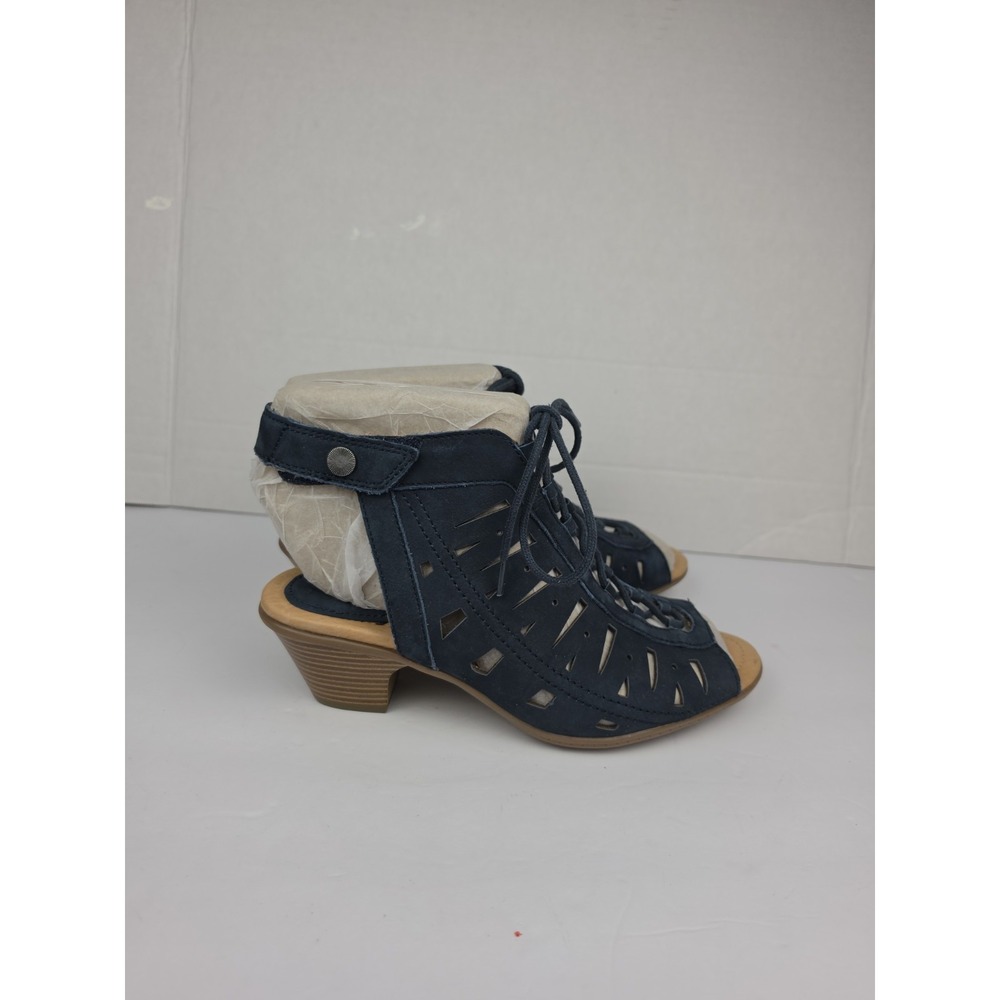 Earth Sandals Womens 7 B Kristen Ankle Bootie Blue Lace Up Peep Toe Block Heel